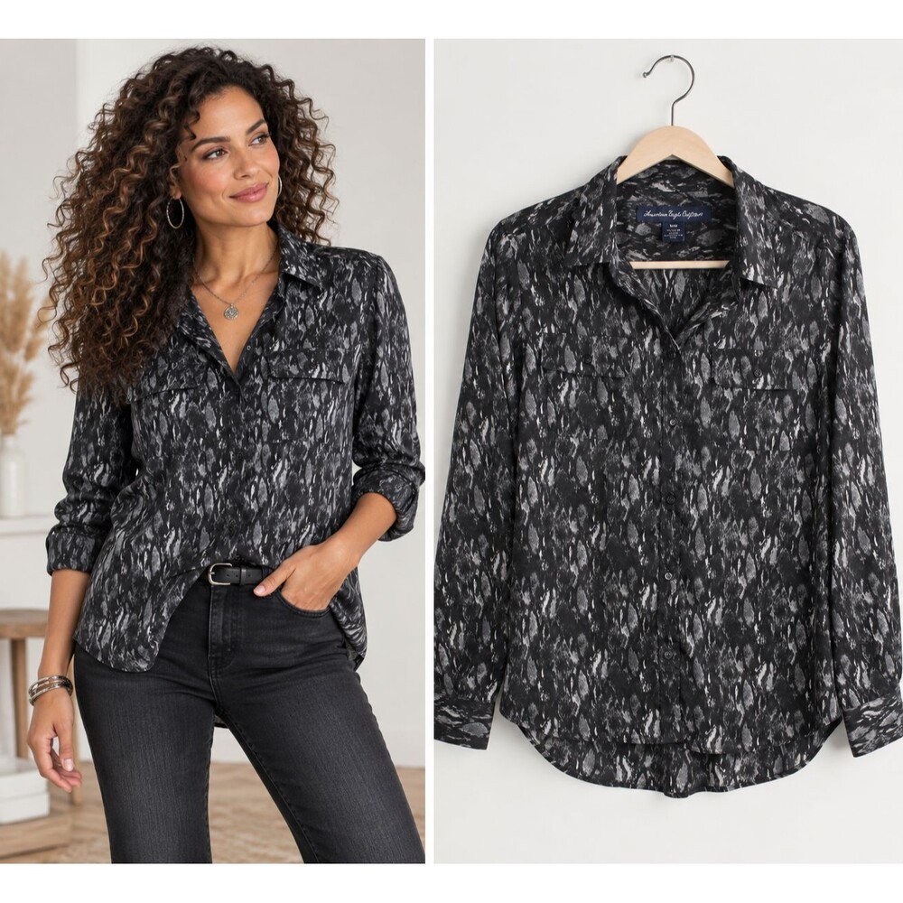 New Ameican Eagle Blouse Top Size Medium Gray Black Abstract Print Long Sleeve